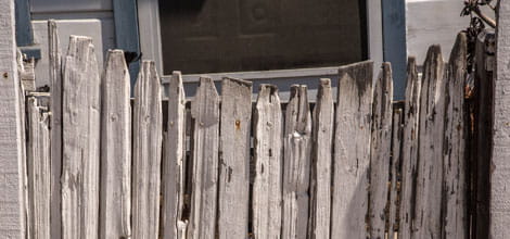 Old white picket fence with peeling paint
